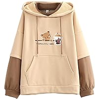 Women Cute Hoodie Girl Cartoon Bear Embroidery Long Sleeve Hoodie Patchwork Kawaii Sweatshirt