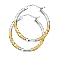 14K Yellow White Gold 2mm Diamond Cut Satin Hoop Earrings Size - (Diameter - 25 MM)