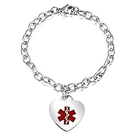 Personalize Customizable Link Chain Fashionable Red Medical identification ID Charm Bracelet Heart Shape Tag Engrave For Women Teen Silver Tone 7,7.5 Inch