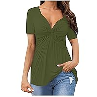 Sexy V Neck Short Sleeve T Shirts for Women Dressy Casual Summer Tops Loose Pleated Hide Belly Tunics Blouses for Leggings