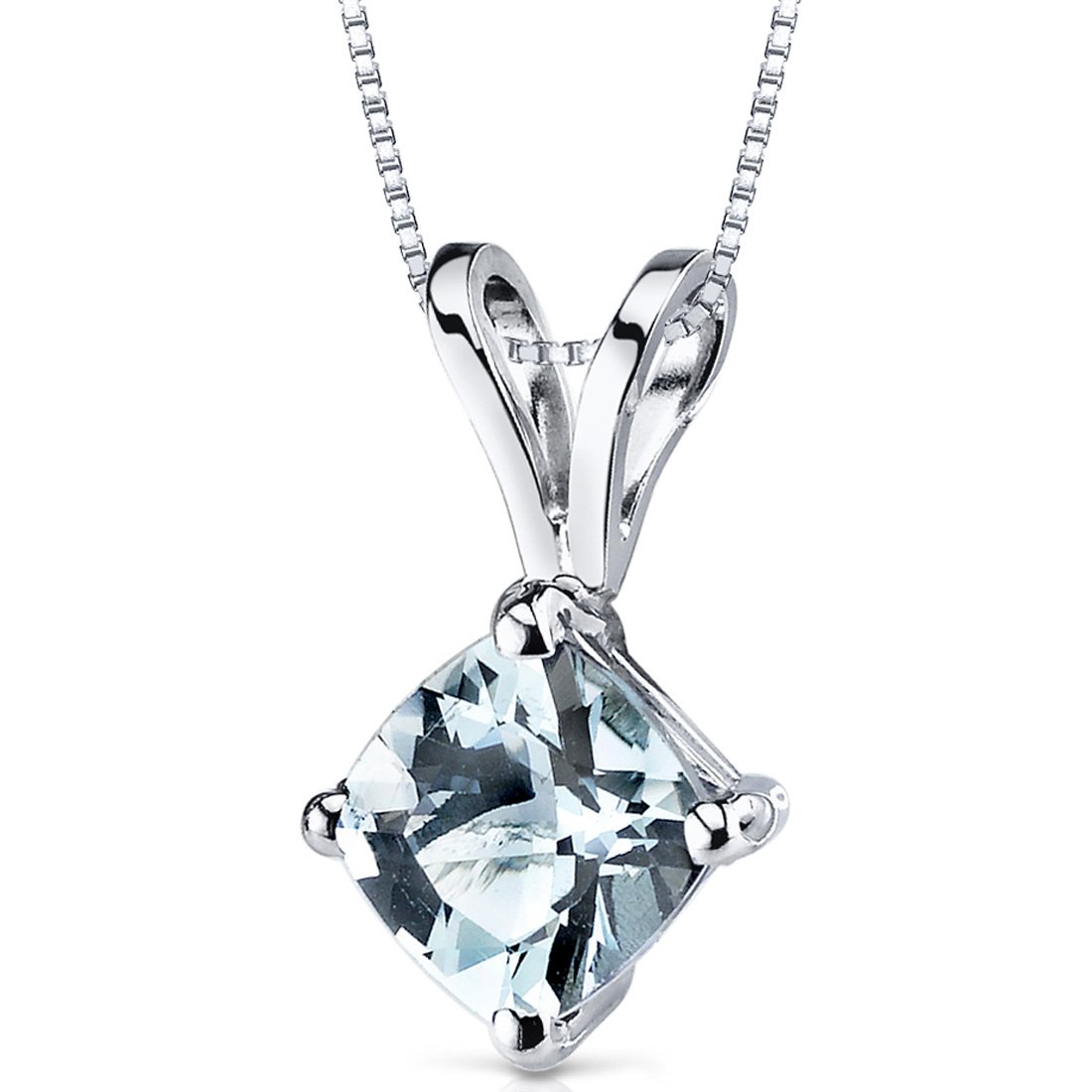 Peora Solid 14K White Gold Aquamarine Pendant for Women, Genuine Gemstone Birthstone Solitaire, Cushion Cut, 6mm