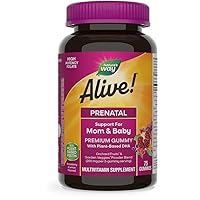 Nature’s Way Alive! Prenatal Premium Gummy Multivitamin, High Potency Folate, Plant-Based DHA, Vegetarian, Strawberry and Lemon Flavored, 75 Gummies (Packaging May Vary)