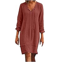Women's Casual Long Sleeve V Neck Loose Ruched Summer Dress Beach Flowy Shirt Dresses Cotton Linen Knee-Length Dress