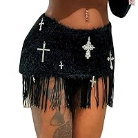 YiZYiF Women Gothic Pleated Mini Skirt Punk Tassel Faux Fur A Line Skirt Casual Party Kawaii Bottoms