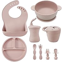 PandaEar Silicone Baby Feeding Set | 9PCS Baby Led Weaning Supplies Self Feeding Utensils | Divided Suction Plate Bowl Bibs Sippy Cup with Baby Snack Container Spoons Forks (Pink)