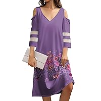 Cold Shoulder Dress for Women 2024 Bohemian Print Casual Sexy Patchwork with 3/4 Length Sleeve V Neck Dresses