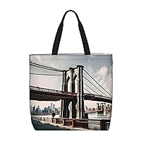 Brooklyn Bridge s Tote Bag with Zipper for Women Inside Mesh Pocket Heavy Duty Casual Anti-water Cloth Shoulder Handbag Outdoors