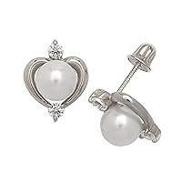 14k White Gold White 6x6mm Freshwater Cultured Pearl and CZ Cubic Zirconia Simulated Diamond Love Heart Screw Back Earrings Jewelry for Women