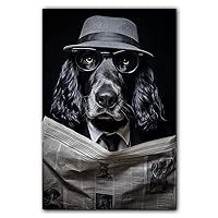 Funny Animals Canvas Wall Art, English Setter Dog Read Newspaper on Toilet in Bathroom Picture Prints Wall Decor, Artwork Collection, Ready to Hang, wall decor living room