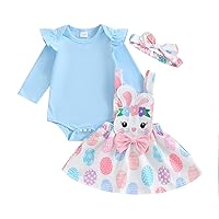 Baby Girl Easter Outfit Ruffle Long Sleeve Romper Bunny Suspender Skirt Overalls Dress Headband My 1st Easter