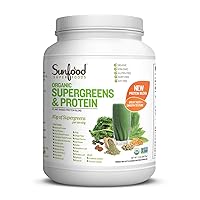 Sunfood Organic Supergreens & Protein 2.2lb Tub. Plant-Based, Grain Free Protein Blend Chlorophyll Rich + 19 Green Superfoods + Probiotics + Enzymes. Ultra-Clean: No Fillers, Additives, Preservatives
