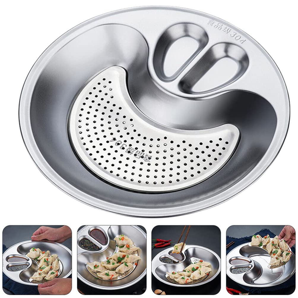 DOITOOL Stainless Steel Dumpling Plate with Sauce Compartment Serving Plate with Sauce Holder Chips and Salsa Plate Japanese Plate Dip Serving Plate with Sauce Divider Sauce Dish