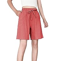 Womens Summer Linen Drawstring Shorts Plus Size Loose Baggy Elastic Waist Casual Shorts Lightweight Beach Shorts with Pockets