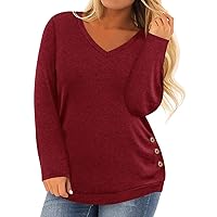 RITERA Plus Size Tops for Women Black Long Sleeve Shirt V Neck Tunic Button Down Blouses Fall Casual Pullover Wine Red 4XL