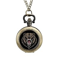 Ferocious Grizzly Bear Pocket Watch Vintage Pendant Watches Necklace with Chain Gifts for Birthday