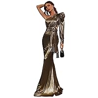 Womens Fall Fashion 2022 One Shoulder Belted Mermaid Hem Metallic Prom Dress (Color : Gold, Size : Large)