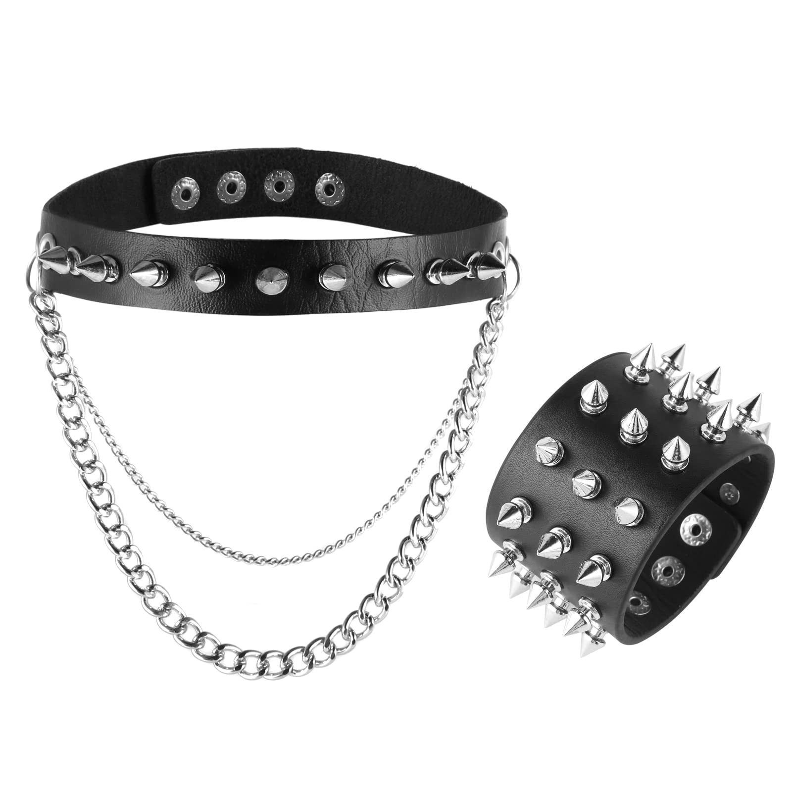 HZMAN Women Men Cool Punk Goth Metal Spike Studded Link Leather Collar Choker Metal 5cm Wide Spike Studded Bracelet Set