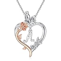 TOUPOP Gifts for Women Her, Rose Heart Necklaces for Women Butterfly Necklace 925 Sterling Silver with A-Z Initial Letter Necklace Jewelry Anniversary Birthday Gifts for Her Mom Wife Girlfriend