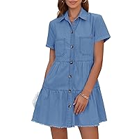 Fisoew Womens Summer Denim Dress Button Down Short Sleeve Tiered Babydoll Frayed Casual Mini Dress with Pockets