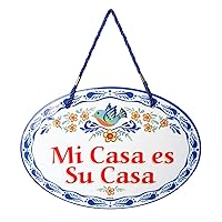 E.H.G. - 'Mi Casa es Su Casa' Ceramic Front Door Decor - Unique 11x8 inch Bienvenidos Sign Banner - Traditional Artwork - Spanish Regalo Hispanic Gifts - Blue