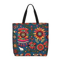 Mexican Folk Boho Print Stylish Canvas Tote Bag,Casual Tote'S Handbag Big Capacity Shoulder Bag, For Shopping, Work