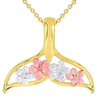 14k Yellow and Rose Gold Open Tri-Tone Whale Tail with Hawaiian Plumeria Flower Pendant Necklace