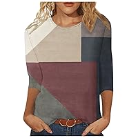 Womens T Shirts Trendy Geometric Color Patchwork Printed Slim Fit 3/4 Sleeves Blouse Round Neck Pullover Tops