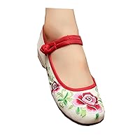 Chinese Embroidered Floral Shoes Women Mary Jane Flat Ballet Cotton Loafer Beige