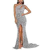Sequin One Shoulder Prom Dresses for Women Mermaid Long Backless Sparkly Formal Evening Dress with Slit