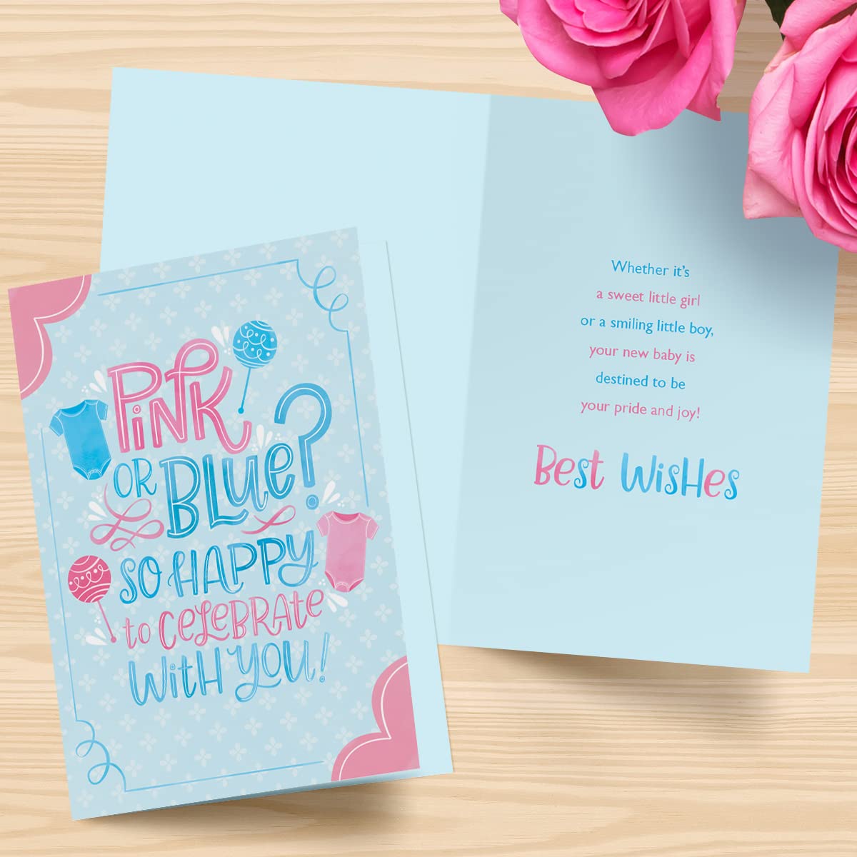 Designer Greetings Baby Gender Reveal Cards – Cute Pink and Blue Baby Accessory Design (6 Cards with Envelopes)