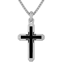 Bulova Jewelry Men's Rhodium Plated Sterling Silver Black Onyx Cross Pendant Necklace with Black Diamond Accents, Sterling Silver Round Box Link Chain,Length 24
