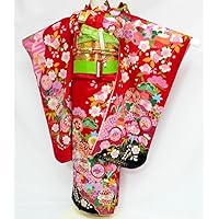 Shichi-Go-San Kimono 7 Years Old Girl Full Set Red 4 Piece Set