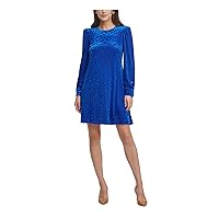 Calvin Klein Womens Blue Velvet Animal Print Long Sleeve Jewel Neck Short Party Shift Dress 4