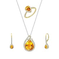 Dazzlingrock Collection Pear Shape Citrine and Round White Diamond Halo Style Pendant, Ring & Dangle Drop Earrings Set for Women in Yellow Gold