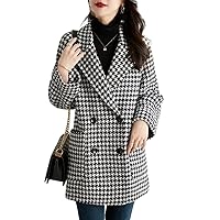 Suit Collar Houndstooth Woolen Coat Women Autumn Winter Woolen Mid-Length Jacket Women Clothing