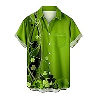 Mens Hawaii Shirt St. Patrick's Day Short Sleeve Casual Shamrock Printed Lapel Button Down Blouse Pocket Tops