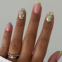 Green French Tips Press on Nails Short Square Fake Nails Cute Spring Flower Glue on Nails Acrylic False Nails with Flowers Design Full Cover Glossy Artificial Nails for Women and Girls 24Pcs