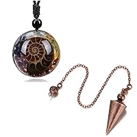Top Plaza Bundle – 2 Items: Bronze Metal Copper Spiritual Point Pendulum for Divination Healing & 7 Chakra Natural Healing Crystal Stone Pendant Necklace