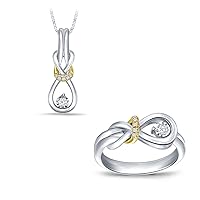 925 Sterling Silver & 10Kt Yellow Gold Two-Toned Real Round Diamond Love Knot Pendant and Ring Ensemble Set (Color I-J, Clarity I2-I3)