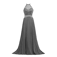 Two Pieces Prom Dress Pearls Halter Long Formal Evening Gowns