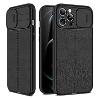 Ofiggor iPhone 14Pro MAX Lychee Texture Phone Protective Case with Slide Camera Cover on Back Dustproof, Scratch Resistant, Oil Resistant (Black)