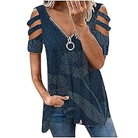 Summer Womens Print T-Shirts Casual Fashion Zipper Tops Short Sleeve Hollow Vneck Tunic Comfy Soft Loose Blouses