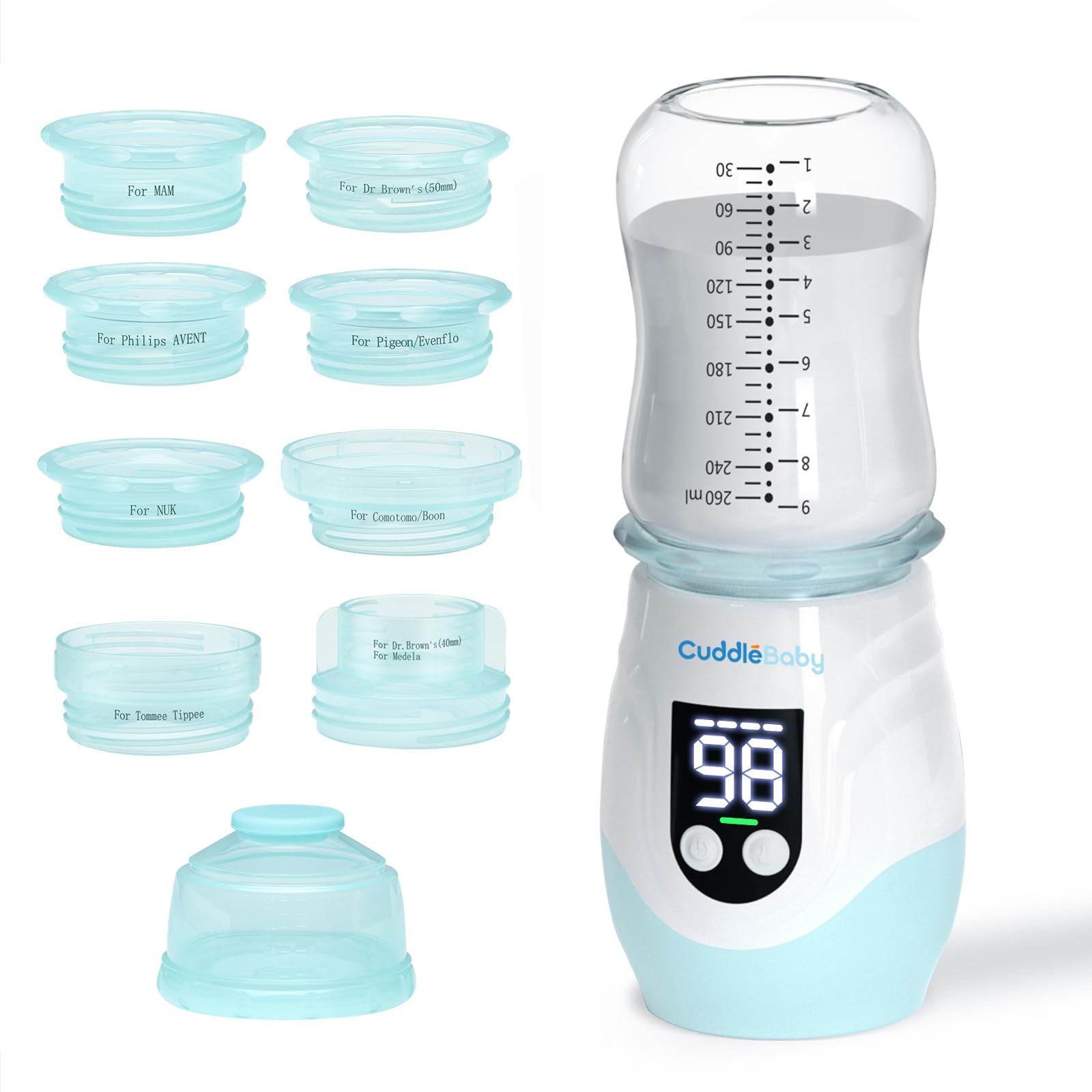 CuddleeBaby Portable Bottle Warmer for Travel, Cordless Baby Bottle Warmer, Rechargeable Bottle Warmer with 8 Adapters, 1 Milk Powder Container, Compatible with Most Bottle, Fast Heating, Blue
