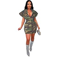 Womens Sexy Cap Sleeve Lapel Button Camouflage Printed Pockets Bodycon Party Clubwear Dress