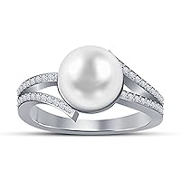 9 mm Freshwater Cultured Pearl and 0.18 Carat Total Weight Diamond Accent Ring in 14KT White Gold