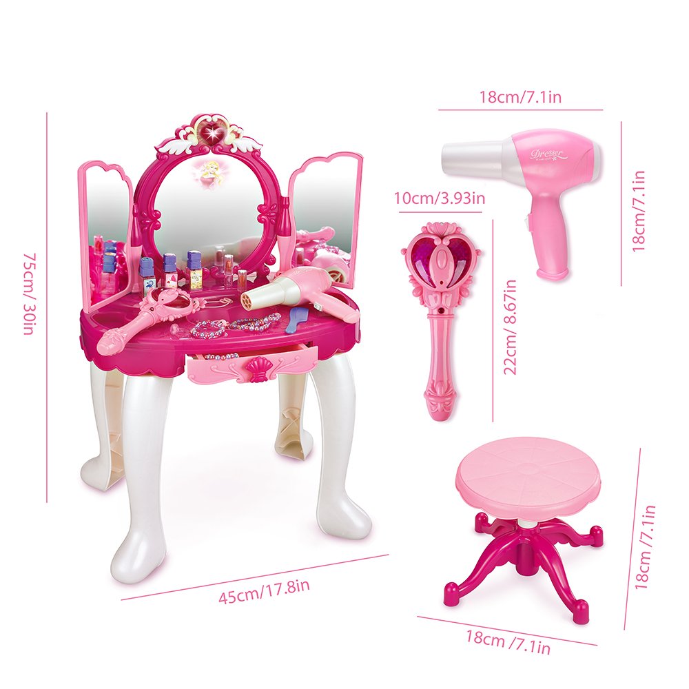 SainSmart Jr. Pretend Princess Girls Vanity Table with Fairy Infrared Control and MP3 Music Playing, Princess Dressing Makeup Table, with Mirror, Cosmetics and Working Hair Dryer , Pink