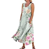 Dresses for Women Sleeveless Crew Neck Bubble Hem Maxi Patterned Fashion Lounges Linen Stretch Womens Dress with Pockets