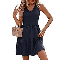 Ruched Dresses for Women 2024 Solid Color Casual Simple Trendy Loose Fit with Sleeveless Round Neck Dress