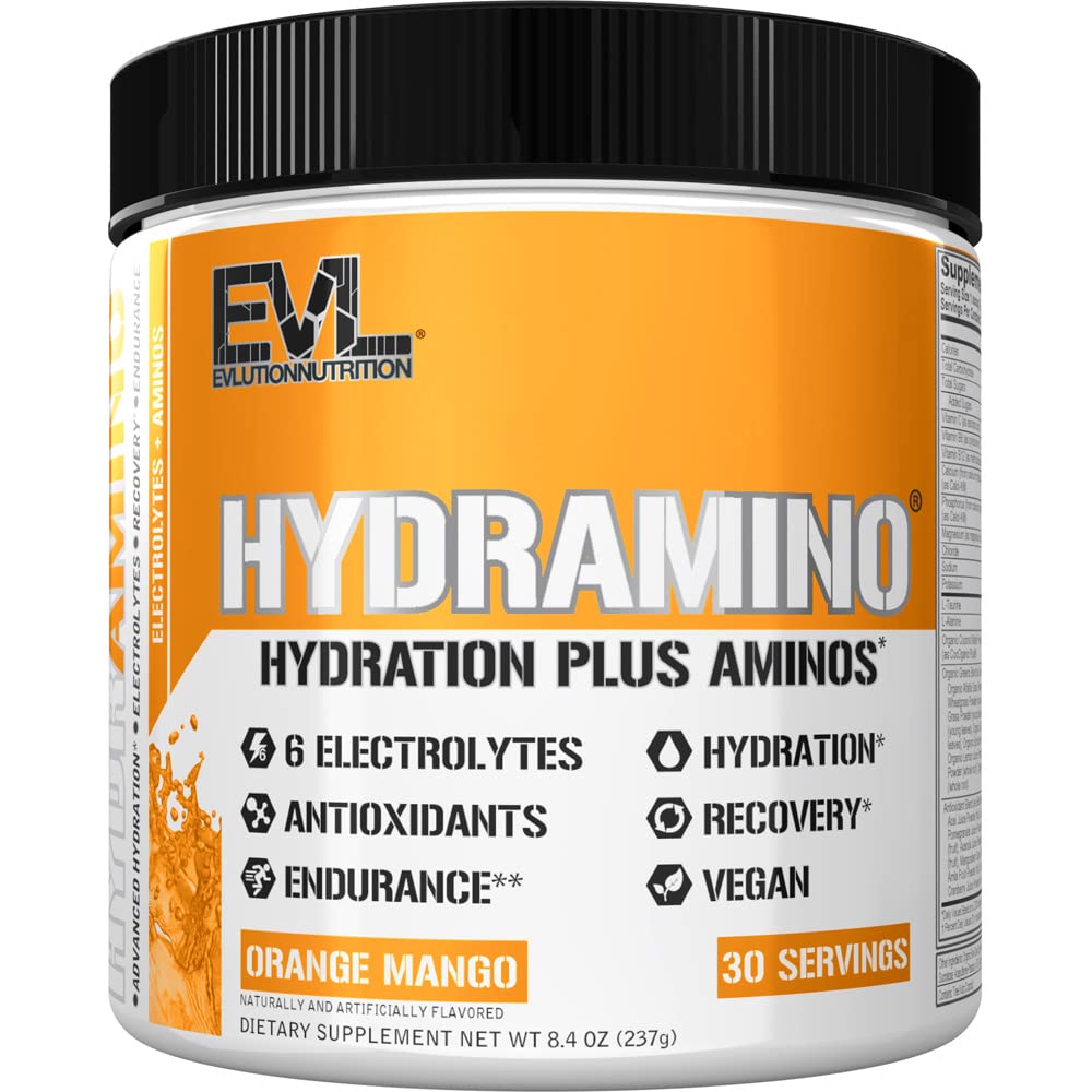 Evlution Nutrition HYDRAMINO Complete Hydration Multiplier, All 6 Electrolytes, Vitamin C & B, Fluid Boosting Aminos, Coconut Water, Endurance, Recovery, Antioxidants, 30 Serve, Orange Mango
