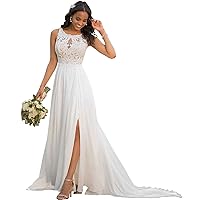 Women's Boho Wedding Dresses for Bride Chiffon Slit Appliques Lace A-line Beach Bridal Gowns